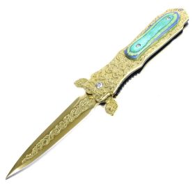 TheBoneEdge 8.5" Gold Color Medieval Style Spring Assisted Folding Knife