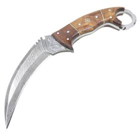 TheBoneEdge 8.5" Damascus Blade Wood Handle Hunting Knife With Leather Sheath