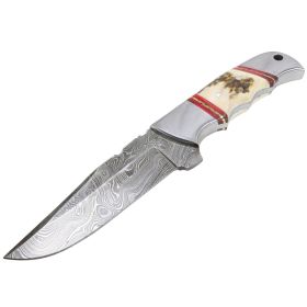 TheBoneEdge 9" Damascus Steel Hunting Knife Stag Handle With Leather Sheath