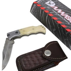 TheBoneEdge 6.5" Damascus Blade Folding Knife White Handle With Leather Sheath