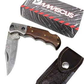 TheBoneEdge 6.5" Damascus Blade Folding Knife Wood Handle With Leather Sheath