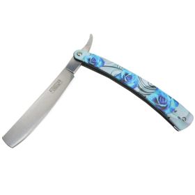 1Defender-Xtreme 0" Straight Razor Blue Roses Folding Knife 3CR13 Stainless