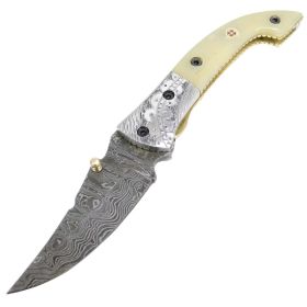 TheBoneEdge Folding Knife Blade 8" Damascus Forged Steel Blade Bone Handle