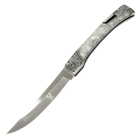 TheBoneEdge 9.5" Classic Western Folding Knife Stainless Steel White Pearl Handle