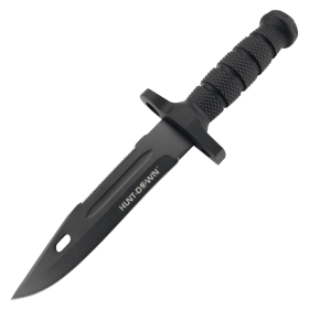 Hunt-Down 12.5" All Black Hunting Knife 3CR13 Stainless Steel Rubber Grip Handle