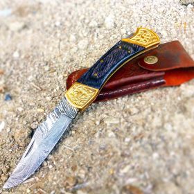 TheBoneEdge 9" Hand Made Damascus Blade Folding Knife Pakkawood Handle Black New