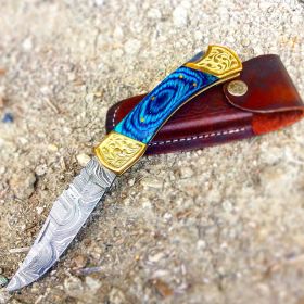 TheBoneEdge 9" Hand Made Damascus Blade Folding Knife Pakkawood Handle Blue New