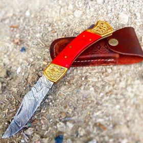 TheBoneEdge 9" Hand Made Damascus Blade Folding Knife Pakkawood Handle Red New