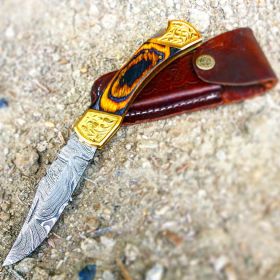 TheBoneEdge 9" Hand Made Damascus Blade Folding Knife Pakkawood Handle Burnt Finish