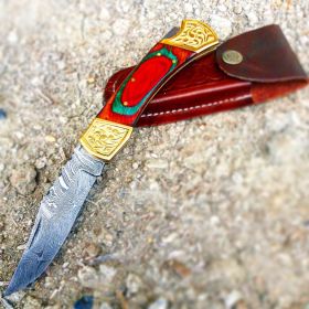 TheBoneEdge 9" Hand Made Damascus Blade Folding Knife Pakkawood Handle Multi Color