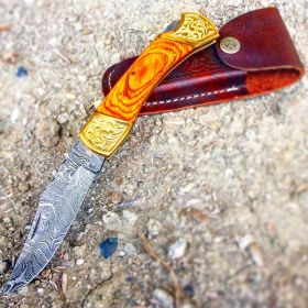 TheBoneEdge 9" Hand Made Damascus Blade Folding Knife Pakkawood Handle Yellow
