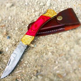 TheBoneEdge 9" Hand Made Damascus Blade Folding Knife Pakkawood Handle Pink New