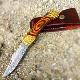 TheBoneEdge 9" Hand Made Damascus Blade Folding Knife Pakkawood Handle Brown New
