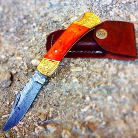 TheBoneEdge 7" Hand Made Damascus Blade Folding Knife Pakkawood Handle Orange
