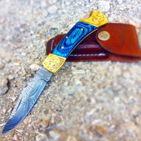 TheBoneEdge 7" Hand Made Damascus Blade Folding Knife Pakkawood Handle Blue New