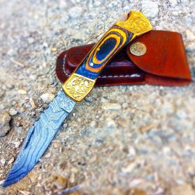 TheBoneEdge 7" Hand Made Damascus Blade Folding Knife Pakkawood Handle Burnt Finish