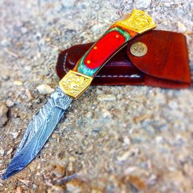 TheBoneEdge 7" Hand Made Damascus Blade Folding Knife Pakkawood Handle Multi Color