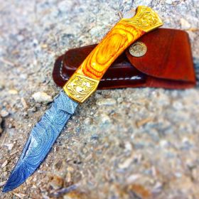 TheBoneEdge 7" Hand Made Damascus Blade Folding Knife Pakkawood Handle Yellow