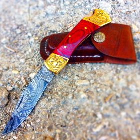 TheBoneEdge 7" Hand Made Damascus Blade Folding Knife Pakkawood Handle Dark Red