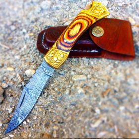 TheBoneEdge 7" Hand Made Damascus Blade Folding Knife Pakkawood Handle Brown New