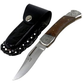 TheBoneEdge 9" Stainless Steel Blade Folding Knife Wood Handle With Leather Pouch
