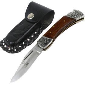 TheBoneEdge 7" Stainless Steel Blade Folding Knife Wood Handle With Leather Pouch