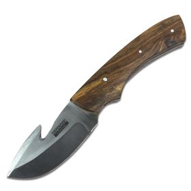 Defender-Xtreme 8" Wood Handle Stainless Steel Hook Blade Hunting Knife With Leather Sheath