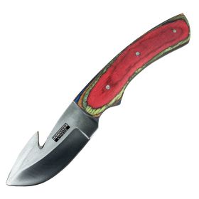 Defender-Xtreme 8" Multi Wood Handle Stainless Steel Hook Blade Hunting Knife With Sheath