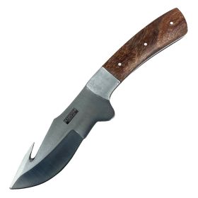 Defender-Xtreme 9" Wood Handle Stainless Steel Hook Blade Hunting Knife With Leather Sheath