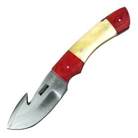 Defender-Xtreme 8" Red Wood Handle Stainless Steel Hook Blade Hunting Knife With Leather Sheath