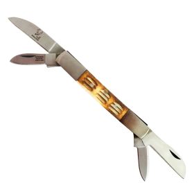 8" TheBoneEdge Folding Four Bladed Knife With Bone Handle & Vinyl Sheath