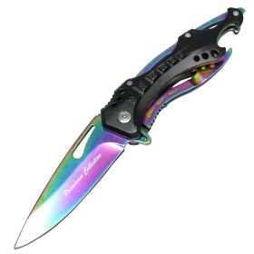 8" Premium Collection Spring Assisted Folding Knife Rainbow Blade Black Handle