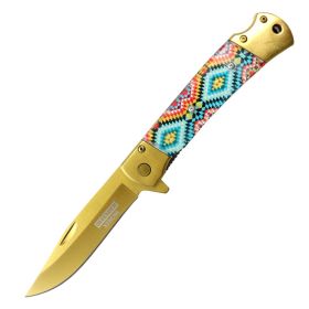 Defender-Xtreme 9" Gold Blade 3D Printed Pattern Handle Steel Bolster Spring Assisted Folding Knife