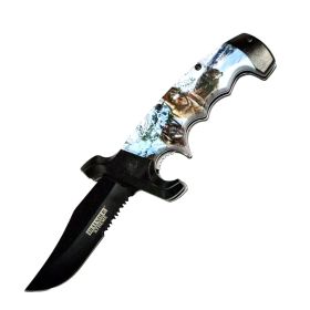 Defender-Xtreme 9" Wolf  in Snow Handle Spring Assisted Folding Knife Belt Clip