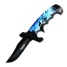 Defender-Xtreme 9" Howling Wolves Handle Spring Assisted Folding Knife Belt Clip