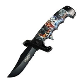 Defender-Xtreme 9" Indian Tribe & Wolves Spring Assisted Folding Knife Belt Clip