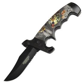 Defender-Xtreme 9" Raging Wolves Handle Spring Assisted Folding Knife Belt Clip