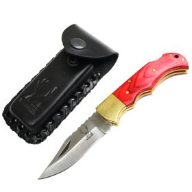 TheBoneEdge 7" Red Wood Handle Stainless Steel Blade Folding Knife With Leather Pouch