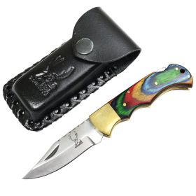 TheBoneEdge 7" Multi Wood Handle Stainless Steel Blade Folding Knife With Leather Pouch