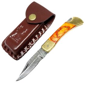 TheBoneEdge 7" Folding Knife Damascus Steel Golden Wood Handle Hand Made New