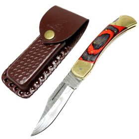 TheBoneEdge 9" Folding Knife Damascus Steel Red & Black Wood Handle Hand Made New