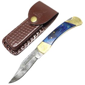 TheBoneEdge 9" Folding Knife Damascus Steel Blue Wood Handle Hand Made New