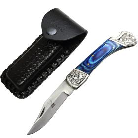 TheBoneEdge 9" Blue Wood Handle Stainless Steel Blade Folding Knife With Leather Pouch