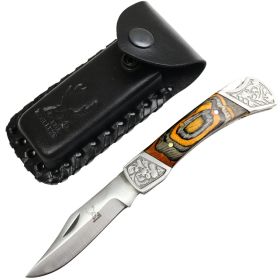 TheBoneEdge 7" Gold & Black Wood Handle Stainless Steel Blade Folding Knife With Leather Pouch