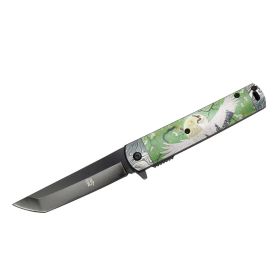 8" Crane Design Handle Black Blade Spring Assisted Folding Knife