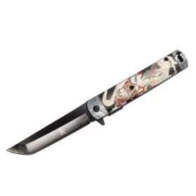 8" Warrior & Dragon Design Handle Black Blade Spring Assisted Folding Knife
