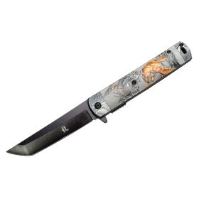 8" Dragon & Tiger Design Handle Black Blade Spring Assisted Folding Knife