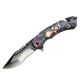 Defender-Xtreme 8" Skull Design Handle Spring Assisted Folding Knife W/ Belt Cutter