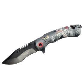 Defender-Xtreme 8" Indian Cheif Design Handle Spring Assisted Folding Knife W/ Belt Cutter
