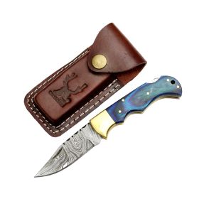 TheBoneEdge 7" Blue Wood Handle Damascus Blade Folding Knife With Leather Pouch